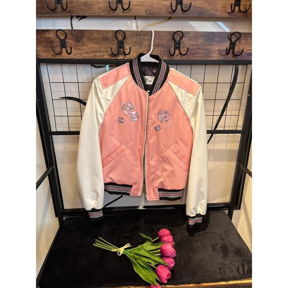 Auth Coach Floral Embroidered Cropped Baseball Jacket F67471 size xs pink